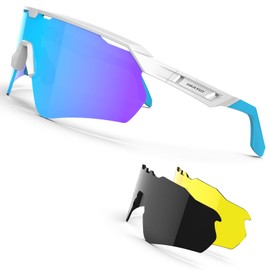 HAAYOT Polarised Cycling Glasses for Men Women Sporty Sunglasses with 3 Lenses TR90 Frame MTB Glasses Mountain Bike Glasses Running Fishing Driving Cycling Shiny White & Ice Blue