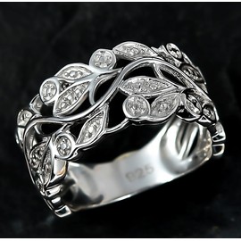 Women's 925 Silver Ring, Engagement Ring, Women's Ring, Gold Ring, Rose Gold, Ideal as a Gift with Designer Leaf Ring and Small Diamond., Silver, White Diamond