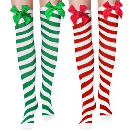 BBTO 2 Pairs Women Christmas Knee Socks Long Xmas over Knee Stockings with Christmas Accessories for Women Girls Costume (Bow)