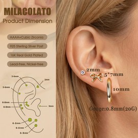 MILACOLATO 3 Pairs 925 Sterling Silver Earrings Set for Women 16K Gold Stud Hoop Earrings Stacks Hypoallergenic Small Huggie Hoop Earrings Cartilage Earring Studs for Multiple Piercings-CG