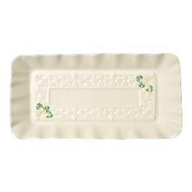 Belleek Classic Pottery White Tray with Painted Green Shamrocks 12.6 Inch