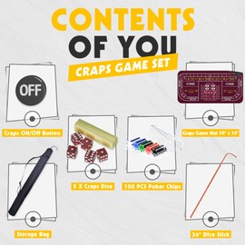 iEsstros Craps Table Top Set Craps Double Dealer Mat 70" x 35" Craps Table Top Mat with 5 Casino Dice Casino Craps Stick 100 Poker Chips Craps ON/Off Poker Button Storage Bag-Red