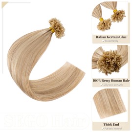 Sego Bondings Extensions Real Hair 0.5 g Strands 100 Strands Keratin U-Tip Glue 100% Remy Human Hair 61 cm (50 g) White Brown/Light Blonde #12p613