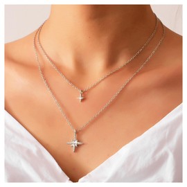Allereya Vintage Layered Crystal Northstar Necklace Rhinestone Star Pendant Necklace Silver CZ Starburst Choker Necklace Double Star Necklace Jewellery for Women and Girls (Silver)