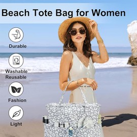 LEDAOU Large Beach Bag with Zip Women's Waterproof Shoulder Bag Tote Bag Shopper Sandproof with Zip Pool Fitness Travel Bag Family, leopard print