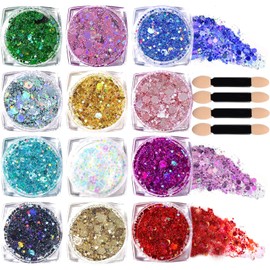 YILAIMAX 12Pcs face Body Hair Festival Glitter Gel,Suitable for Carnivals, Parties, Nightclubs and Art Creation Chunky Holographic Festival Glitter Make up for face (12 * 5g)