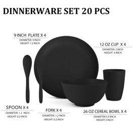 Perlapoc Wheat Straw Dinnerware Sets, Unbreakable Plates and Bowls Sets 20-Piece Service for 4，Plastic Outdoor Camping Dishes, Microwave & Dishwasher Safe - Black