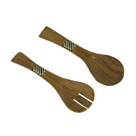 Hand Carved Wood and Bone Flat Handle Salad Server Set