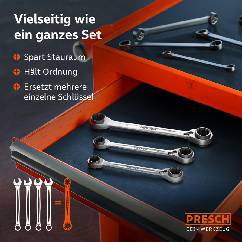 PRESCH Double Ratchet Wrench Set 3 Pieces (8-19 mm) with