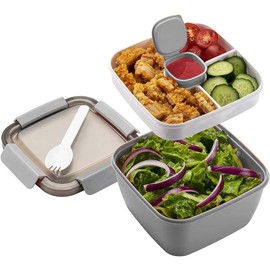 MUJUZE Salad Containers for Lunch, 52oz Lunch Box with Salad Dressing Container to Go,BPA-Free, Salad Bowl Lunch Container with Lid, Lunch Box with 3-Compartments (Gray)