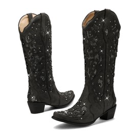Western Cowboy Boots with Wide Calf Black Cowgirl Boots Women Sparkly Rhinestone Wedding Boots Trendy Vintage Tall Glitter Boots with Embroidery and Chunky Heel for Daily Wearing|Office|Party