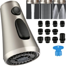 Kitchen Faucet Head Replacement with Pull Down Spray Head,3 Function Faucet Sprayer Attachment- Faucet Sprayer Nozzle with 11 Adapters,Compatible with Delta, Kohler,Moen, Brushed Nickel