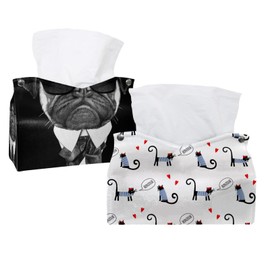 2 Pack Tissue Box Cover Holder, French Cats Saying Bonjour Rectangle Leather Tissue Case, Decorative Organizer for Tabletop, Bathroom, Car, Office