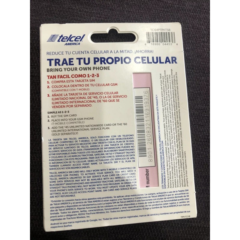 TELCEL AMERICA SIM CARD, UNLIMITED CALLS, NEW