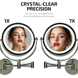 OVENTE 9" Lighted Wall Mount Makeup Mirror with 1X/7X Magnification, Double Sided Magnifying Bathroom Mirror, LED Glow Light, 360° Swivel Design, Extendable Folding Arm, Polished Chrome MPWD3185CH1X7X