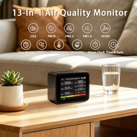 Home Air Quality Monitor, 13-in-1 Indoor Air Detector, Carbon Dioxide HCHO TVOC PM2.5 Monitor with Smart Alarm & Timer