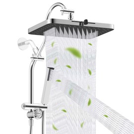 Hibbent Upgraded 13'' Shower Head Combo, High Pressure 5-spray Rainfall Showerhead, Stainless Steel 4 Modes Handheld Spray, All Metal 4-way Diverter Valve, Extension Arm, 71'' Hose and Holder, Chrome