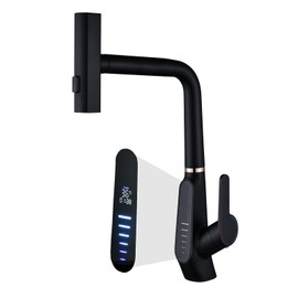 Waterfall Kitchen Sink Mixer Taps with Pull Out Sprayer, 3 Modes Kitchen Sink Faucet, 360° Rotation, Digital Display, Single Lever Kitchen Tap, 59A Copper, Anti-Corrosion, Durable (Black)