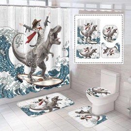 Wegklazax 4 Pcs Dinosaur Cat Shower Curtain Sets Funny Shower Curtain Set Wave Shower Curtain Sets Bathroom Decor with 12 Hooks Cat-01 72"x72"