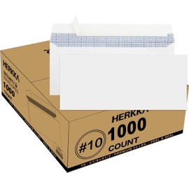 HERKKA #10 Security Self-Seal Envelopes, No.10 Windowless Bussiness Envelopes, Security Tinted with Printer Friendly Design - Size 4-1/8 x 9-1/2 Inch - White - 24 LB - 1000 Pack