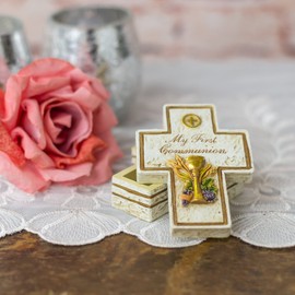 My First Communion Cross Shaped 2.5 x 3.5 Inch Resin Stone Keepsake Box