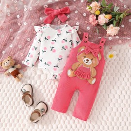 QUNERY Baby Girls Clothes Floral Tops Bodysuit Bear Dungarees Adjustable Overalls Outfits Set Pink 0-3 months