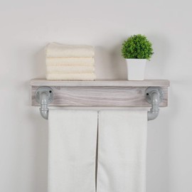 MBQQ Industrial Pipe Shelf,Rustic Wall Shelf with Towel Bar,19.7" Farmhouse Towel Racks for Bathroom,Floating Shelves Wall Mounted Home Decor Wooden Shelving，Retro White
