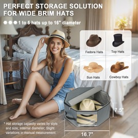 Bamneat Hat Box for Travel & Home Closet Storage, Side Reinforced Octagonal Case, Crush-proof, Dust-proof for Cowboy, Panama & Fedora Hats, Grey