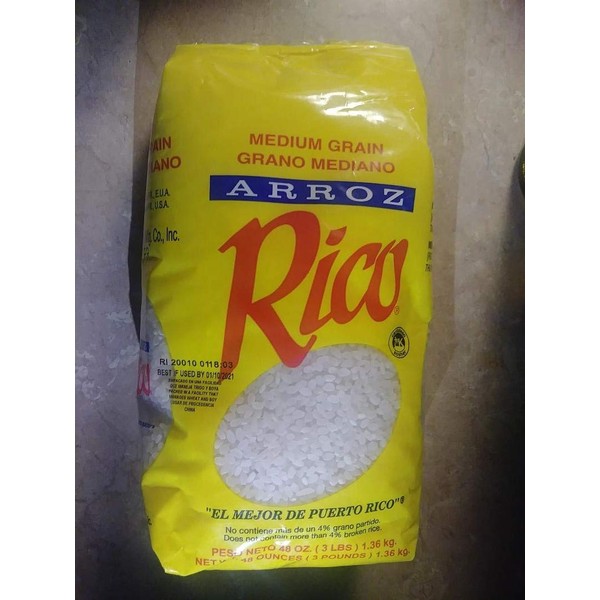Arroz Rico, Puerto Rico's Best - #1 Medium Grain White Rice - 3 Pounds Bag