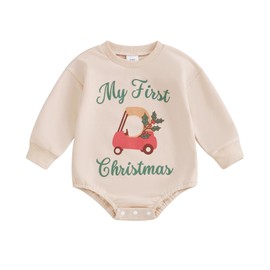 FIOMVA My First Christmas Baby Boy Outfit Newborn Bubble Romper Sweatshirt Infant Girl Knit Sweater Fall Winter Clothes (E My First Christmas Apricot,12-18 Months)