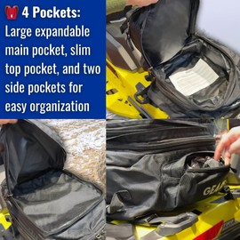 GEARS Universal Snowmobile Tunnel Bag | Expandable, Waterproof, Snowsport Luggage - Rear Cargo Storage Bag for Mountain & Trail Sleds | Universal Fit Soft Shell Tunnel Pack with Shovel Carry (Black)