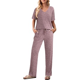 Ekouaer Lounge Sets for Women Short Sleeve Top and Long Pants Ribbed Knit Pajama Set 2 Piece PJ Sets Outfits Lilac