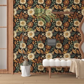 Boho Wallpaper Peel and Stick,Vintage Black Brown/Green Floral Contact Paper 17.5" x 118", Retro Flower Botanical Wall Paper Self Adhesive Removable Waterproof for Walls Shelves Cabinet Table Decor