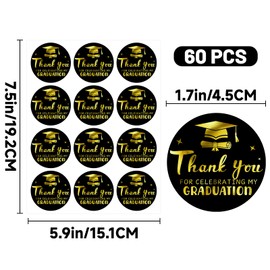 Black and Gold Graduation Thank You Favor Stickers 60PCS 1.75 Inch Gold Metallic Thank You for Celebrating My Graduation Stickers, Class of 2025 Sticker for Envelope Seals Card Grad Party Favors
