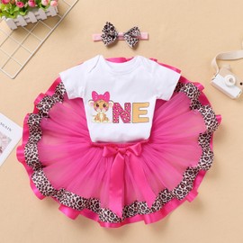 IBTOM CASTLE Farm Cow Giraffe Party Outfit for Baby Girl 1st Birthday Princess Romper+Tutu Skirt Set+Headband Photo Shoot, Leopard - Hot Pink One, 12 Months