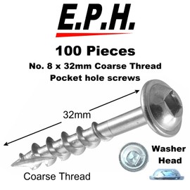 E.P.H. Pocket Hole Starter Kit + 200 Pocket Hole Screws – Twin Hole Jig, Depth-Marked Drill Bit, 150mm Robertson #2 Driver + 100x 32mm Coarse & 100x 32mm Fine Pocket Hole Screws – EPHSTKIT1