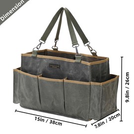 Waxed Canvas Tool Pouch,Garden Tool Bag Organizer with 8 External Pockets & Removable Handle, 15 X 9.8 X 7.8 inch Muti-Purpose Tool Bag with Adjustable Shoulder Strap | ArmyGreen