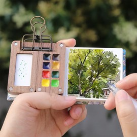 8 Grid Miniature Watercolor Painting Palette Kit,Wood Pocket Artist Watercolor Travel Set Portable Watercolor Palette Box Kit for Travel Students Artists Painters