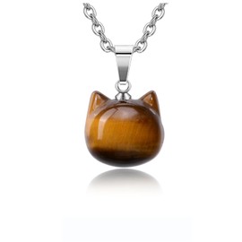 Jovivi Cat Gifts Necklace Natural Tiger Eye Healing Crystal Stones Pendant Necklaces for Women Men Gemstone Mini Cute Animal Lucky Cat Lovers Jewelry