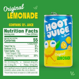 Hoot Juice Original Lemonade By Lemonati, No Artificial Sweeteners or Flavors, Gluten-Free, Kosher, Non-GMO, Vegan, 7.5 Fl Oz Mini-Cans, Pack Of 24, Original Lemonade