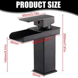 Waterfall Tap Bathroom Black, Sink Tap, Stainless Steel Washbasin Tap, Hot and Cold Water Tap, Modern Single Lever Mixer Tap Sink for Bathroom (60 cm Pipes Included)