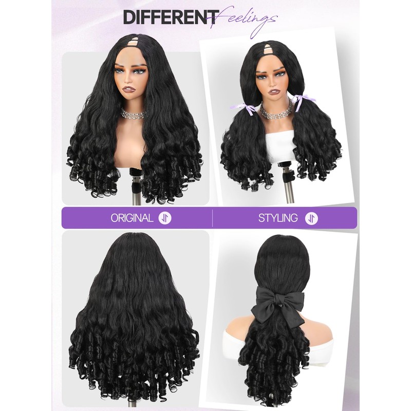 Yaki Curly V Part Wigs Black Loose Wave Wig with