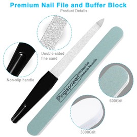 Pingispower Nail Files and Buffers Set - 10PCS Double-Sided Washable Metal Nail File + High-Density Sponge Nail Buffer Blocks (600/3000 Grit), Pro Nail Care Kit for Natural/Acrylic Nails | Home &Salon