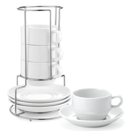 Yedio 4 oz Espresso Cups with Saucers and Metal Stand, Porcelain Stackable Coffee Cappuccino Cups Set of 4, White