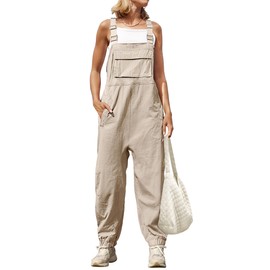 ZESICA Women's Sleeveless Overalls Jumpsuit Casual Loose Adjustable Straps Bib Long Pant Jumpsuits with Pockets,Apricot,Medium
