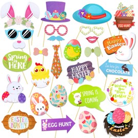 HOWAF Easter Photo Booth Props Kit, Funny Easter Party Photo Props Accessories for Easter Hunt Game Favor Supplies, Colorful Easter Egg Chick Bunny Hat Moustache Glasses Rabbit Arrow Sign Prop, 28pcs