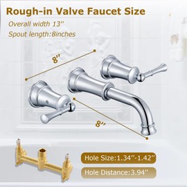 Polished Chrome Wall Mount Bathroom Sink Faucet, 360° Swivel Spout with Rough-in, Widespread Bathroom Faucets for Vanity, Vessel Sink, L2305-CP-ZZ