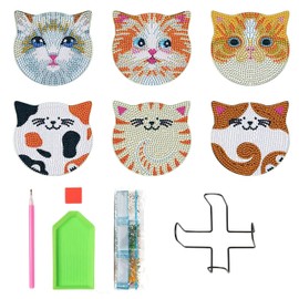 East Leaf Diamond Art Bead Art Coaster Kit DIY Beginner with Holder (Cats, 6 Pcs)
