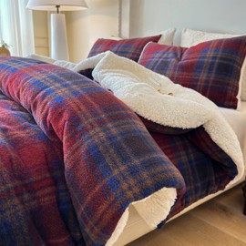 Cyusri Plaid Sherpa Comforter Set 2Pcs Fluffy Warm Fleece Down Alternative, Red Blue Grid Pattern Bedding Set with 1 Pillowcase, Twin Size 68"x90"