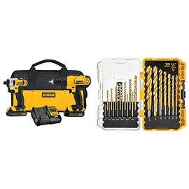 DEWALT Kit Taladro Atornillador y Llave de Impacto Inalámbrico 20V MAX DCK240C2  DEWALT Juego de 21 Brocas de Titanio PP DW1361                       